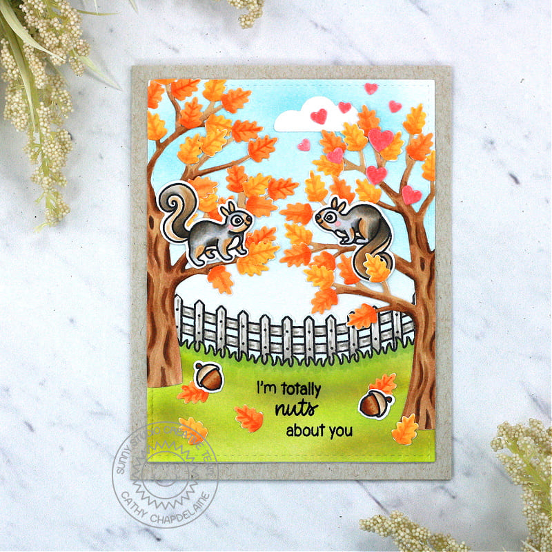 Sunny Studio I'm Totally Nuts About You Punny Squirrels in Fall Trees Autumn Card (using Squirrel Friends Clear Stamps)
