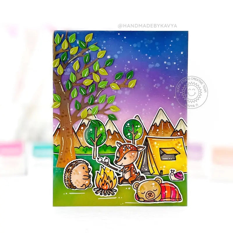 Sunny Studio Deer, Bear & Hedgehog Camping in Mountains with Tent at Sunset Card (using Critter Campout Clear Stamps)