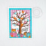 Sunny Studio Stamps Fox Sitting In Pink & Turquoise Fall Pumpkins Scalloped Card (using Autumn Tree Metal Cutting Dies)