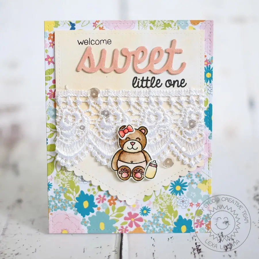 Sunny Studio Stamps Welcome Sweet Little One Baby Bear Handmade Card (using Sweet Word Metal Cutting Die)