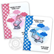 Sunny Studio Baby Girl & Boy with Umbrella Scalloped Gingham Ric-Rac Card (using Baby Elephants 4x6 Clear Stamps)