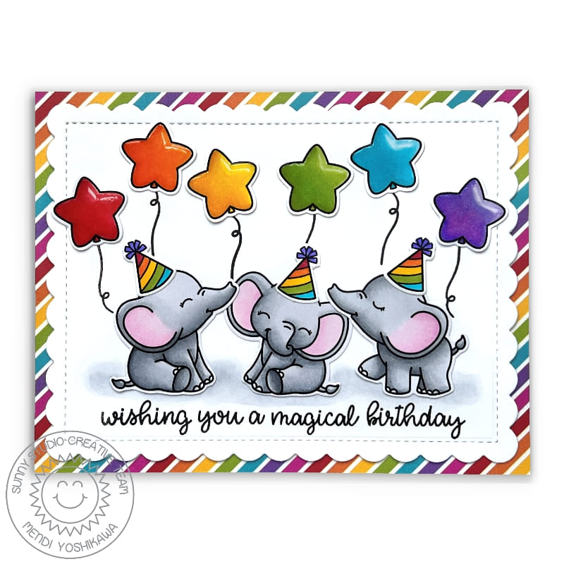 Sunny Studio Wishing You A Magical Birthday with Rainbow Party Hats & Star Balloons Card (using Baby Elephants Clear Stamps)