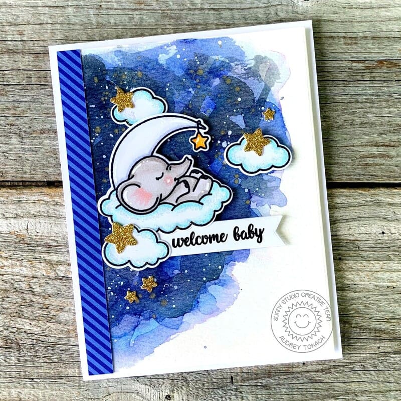 Sunny Studio Welcome Baby Elephant Sleeping in Clouds with Moon & Stars Blue Striped Card (using Dots & Stripes Jewel Tones 6x6 Paper)