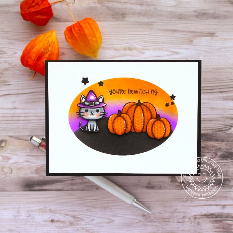 Sunny Studio Kitty Cat with Paper-Pieced Pumpkins Halloween Fall Card (using Bewitching 2x3 Clear Stamps)