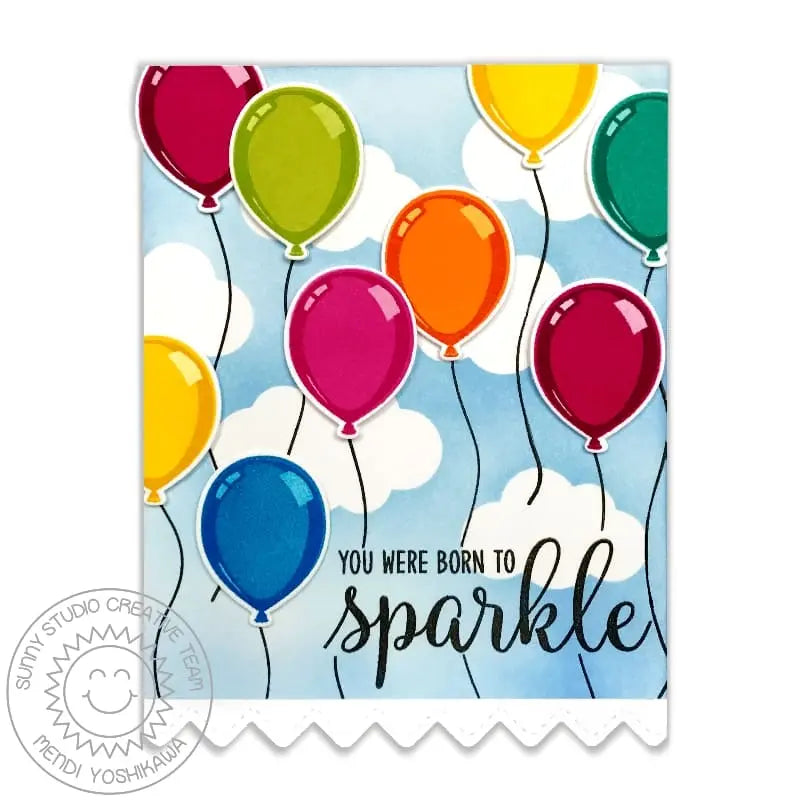 Sunny Studio Stamps: Birthday Balloon Rainbow Balloons with Cloudy Sky Born To Sparkle Card by Mendi Yoshikawa