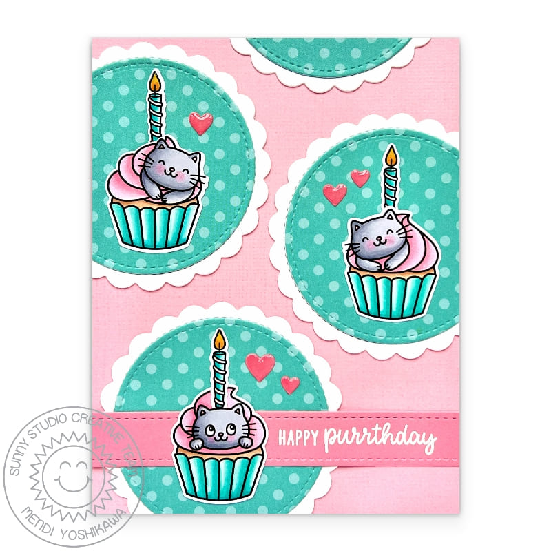Sunny Studio Pink & Aqua Polka-dot Scalloped Cupcake Punny Birthday Card (using Birthday Cat 4x6 Clear Stamps)