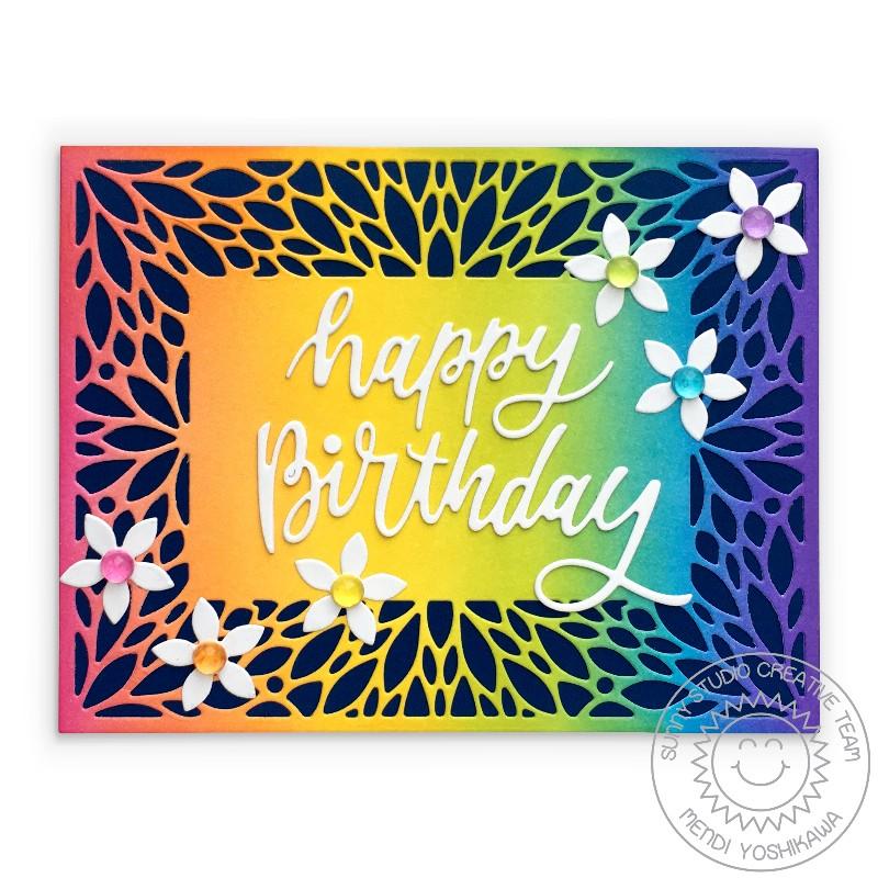 Sunny Studio Stamps Rainbow Floral Petal Daisy Birthday Card (using Blooming Frames Background Cover Plate Metal Cutting Dies)