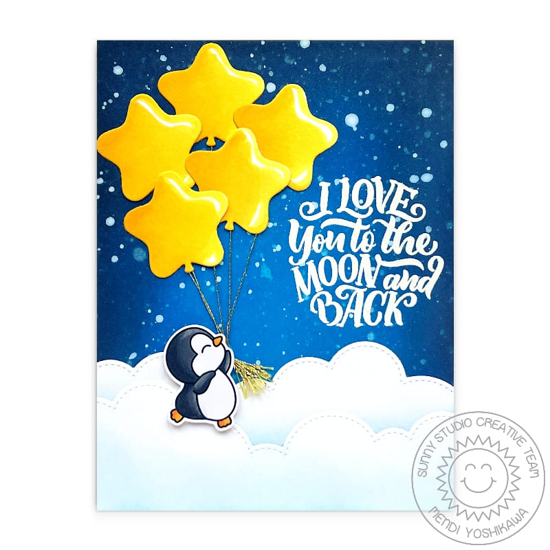 Sunny Studio Love You To the Moon & Back Yellow Star Balloons with Night Sky & Clouds Card using Slimline Nature Border Dies