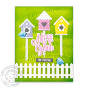 Sunny Studio Miss You My Friend Birds with Birdhouse, Grass & Fence (using Big Bold Greetings 4x6 Clear Sentiment Stamps)