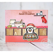 Sunny Studio Wishing You A Sweet Christmas Penguin Making Cookies Holiday Card (using Blissful Baking 4x6 Clear Stamps)