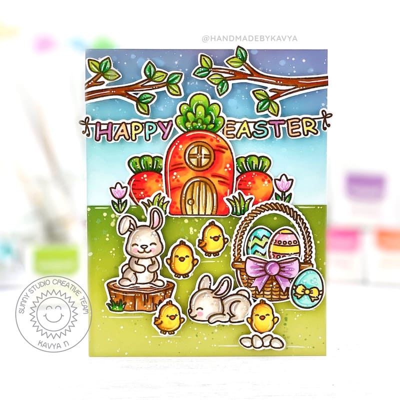 Sunny Studio Bunnies with Chicks, Basket, Carrot House & Happy Easter Banner Card (using Bunnyville 4x6 Clear Stamps)