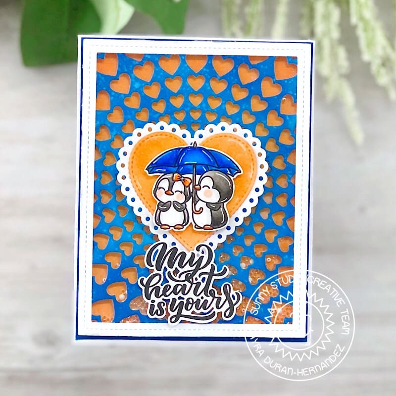 Sunny Studio Stamps My Heart Is Yours Penguins with Umbrella Blue & Yellow Card (using Stitched Heart 2 Metal Cutting Dies)