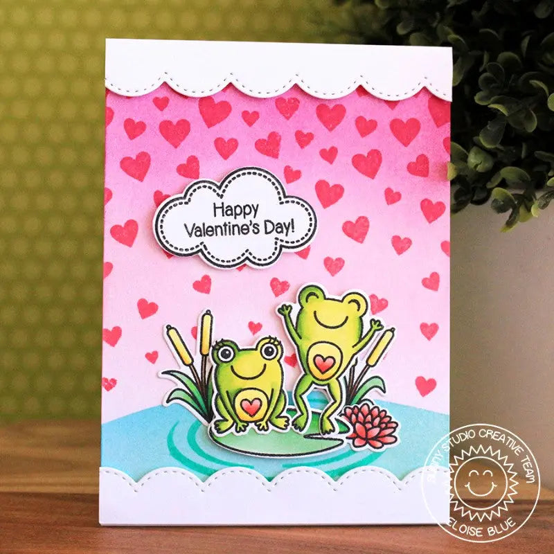 Sunny Studio Stamps Cascading Hearts Background & Froggy Friends Frog Valentine's Day Card by Eloise Blue