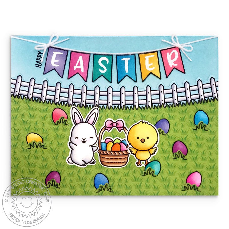 Sunny Studio Bunny & Chick Easter Egg Hunt Handmade Easter Card with Banner, Fence and Grass (using Spring Scenes 4x6 Border Clear Stamps)