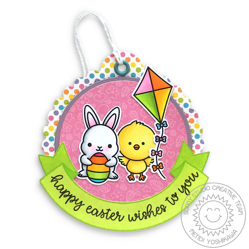 Sunny Studio Rainbow Polka-dot Bunny & Chick with Kite & Striped Egg Easter Gift Tag using Banner Basics Clear Stamps