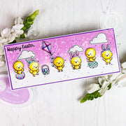 Sunny Studio Stamps Chickie Baby Happy Easter Chick with Bunny Ears, Eggs and Kite Slimline Card by Rachel