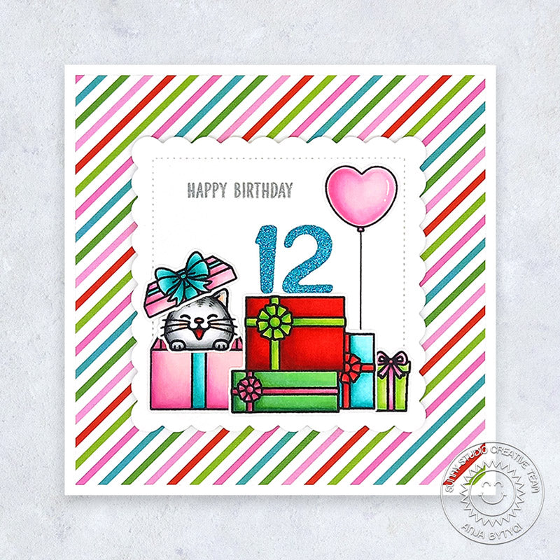 Sunny Studio Stamps 12th Birthday Colorful Striped Cat in Gift Box Kids Square Card (using Chloe Number Metal Cutting Dies)