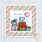 Sunny Studio 12th Birthday Colorful Striped Cat in Gift Box Kids Square Card (using Christmas Critters 4x6 Clear Stamps)