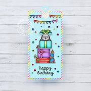 Sunny Studio Cat In Pop-up Gift Mini Slimline Interactive Birthday Card (using Christmas Critters 4x6 Clear Stamps)