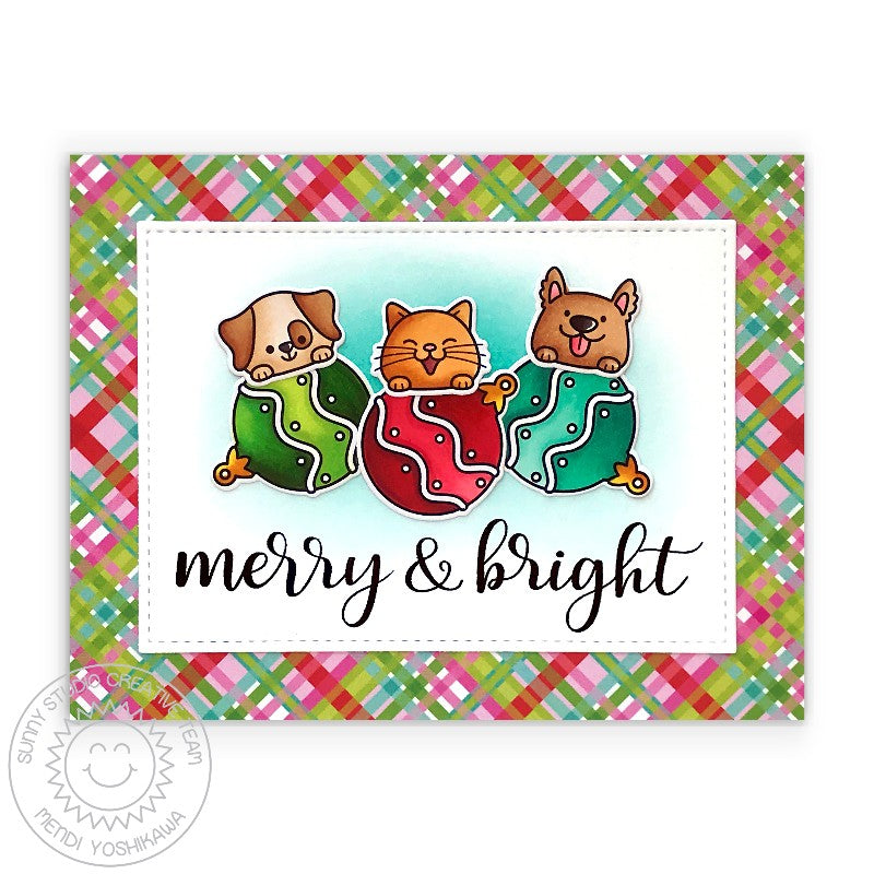 Sunny Studio Merry & Bright Cat & Dog with Ornaments Plaid Holiday Christmas Card (using All Is Bright 6x6 Paper Pad Pack) 
