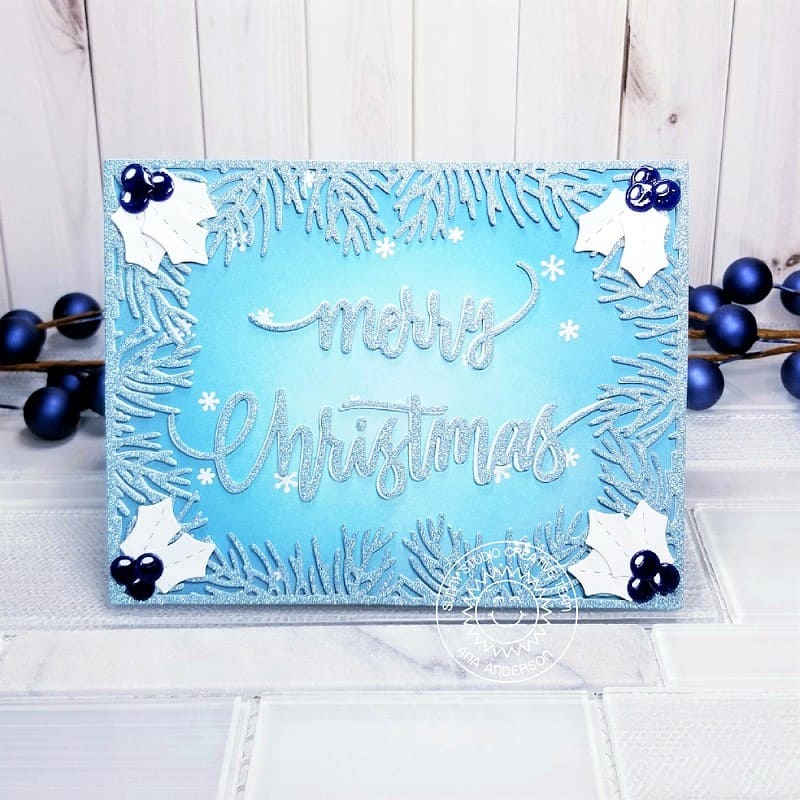 Sunny Studio Stamps Blue & White Glitter Twigs & Berries Holiday Card using Christmas Garland Frame Background Backdrop Die