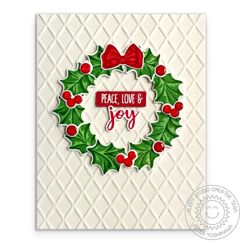 Sunny Studio Stamps Holly Wreath Embossed Christmas Card using Dapper Diamonds 6x6 Embossing Folder