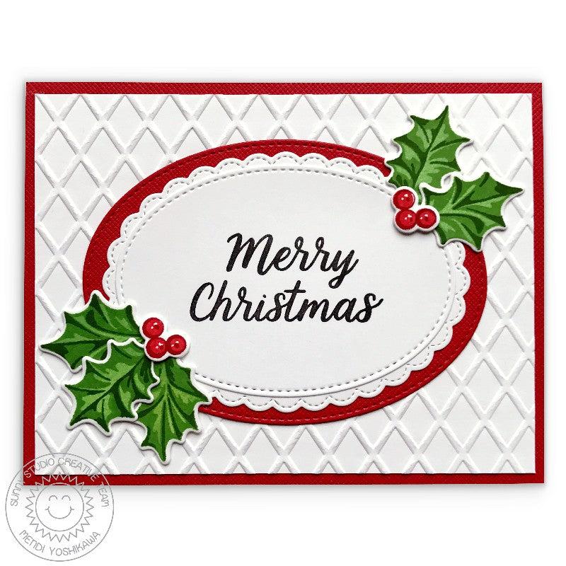 Sunny Studio Stamps Embossed Holly Christmas Card (using Stitched Ovals Nesting Dies)