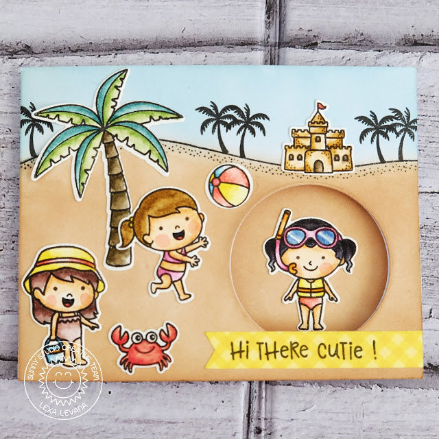 Sunny Studio Stamps Beach Themed Peek-a-boo style interactive sliding card (using palm tree from Seasonal Trees set)