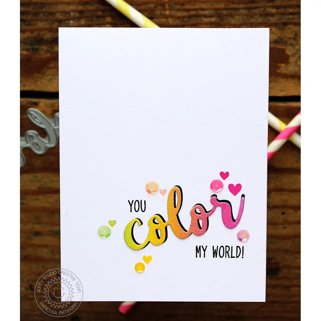 Sunny Studio You Color My World CAS Clean & Simple Rainbow & Sequins Card (using Color Me Happy 3x4 Clear Sentiment Stamps)