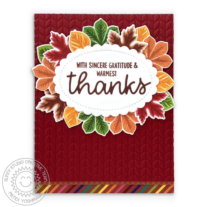 Sunny Studio Warmest Thanks Layered Leaves Cable Knit Embossed Fall Card (using Words of Gratitude 4x6 Sentiment Stamps)