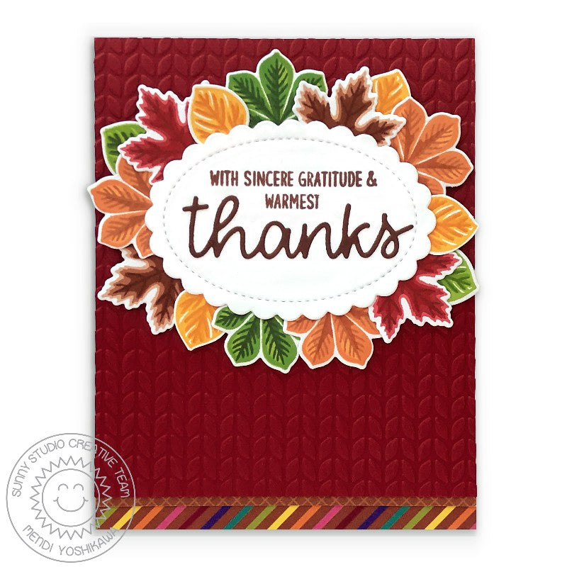 Sunny Studio Stamps Warmest Thanks Layered Leaves Cable Knit Embossed Fall Card (using Sweater Weather 6x6 Striped Paper)