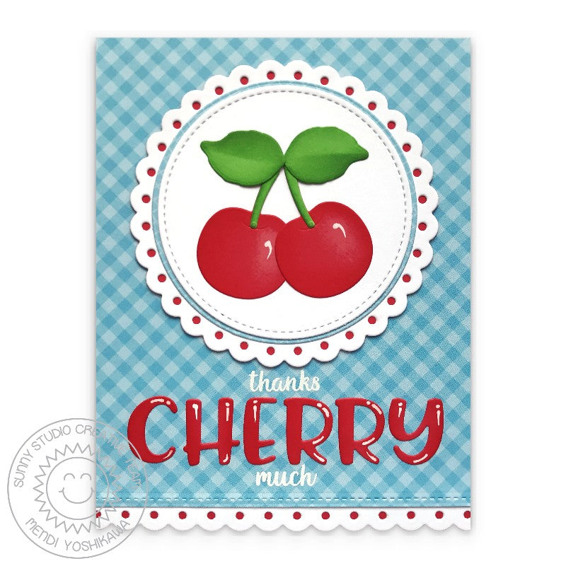 Sunny Studio Stamps Thanks Cherry Much Punny Blue Gingham Scalloped Card (using Cupcake Shape Metal Cutting Dies)