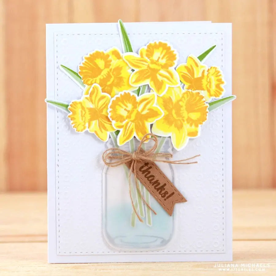 Sunny Studio Daffodil Dreams Layered Flower Thank You Handmade Card by Juliana Michaels (using Vintage Jar Stamps)