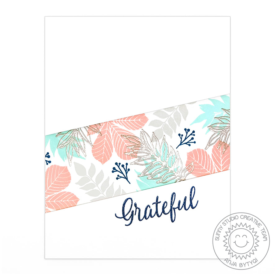 Sunny Studio Stamps Elegant Leaves Grateful For You Graphic Clean & Simple CAS Coral, Aqua & Silver Embossed Fall Card