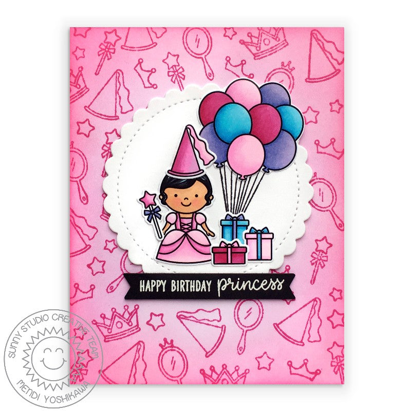 Sunny Studio Pink Princess Handmade Birthday Card with Balloon Bouquet (using Floating By 2x3 Stamps)