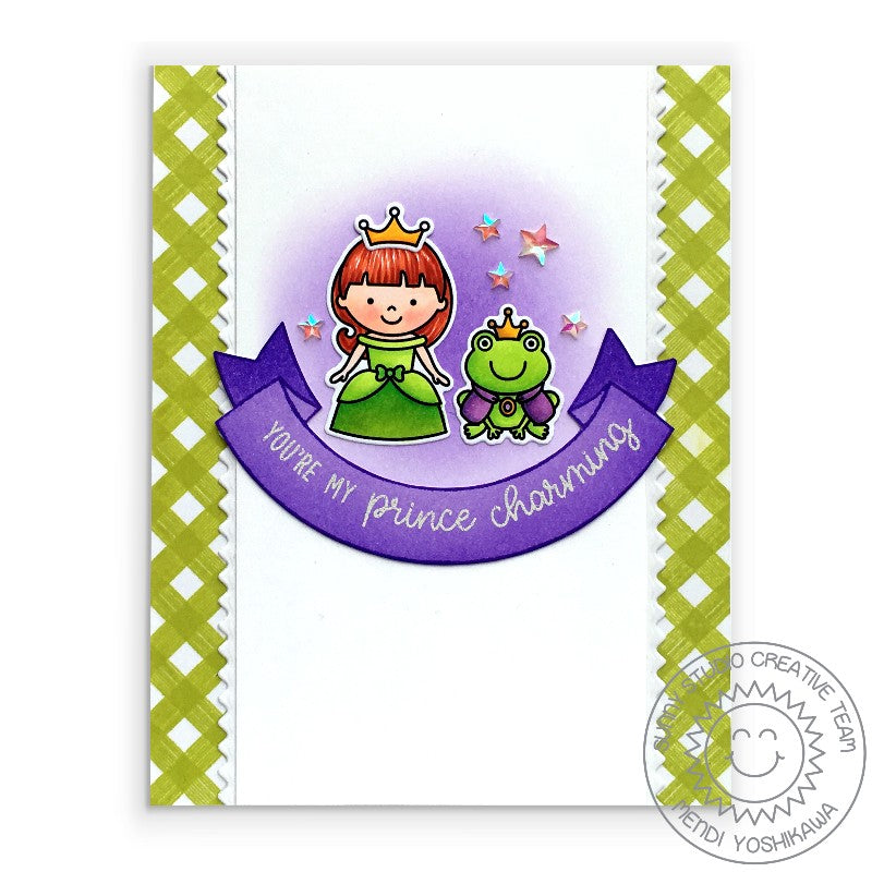 Sunny Studio Purple & Green Gingham Princess & Frog "You're My Prince Charming" Handmade Card using Enchanted clear stamps