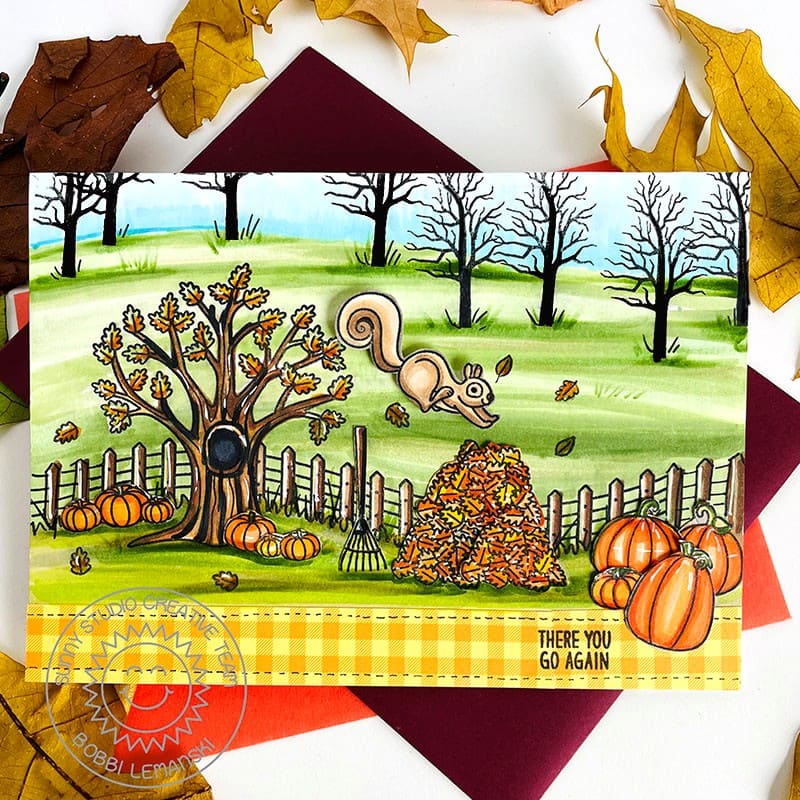 Sunny Studio Squirrel Jumping Into Pile of Leaves with Tree and Fence Autumn Card (using Fall Scenes Clear Border Stamps)