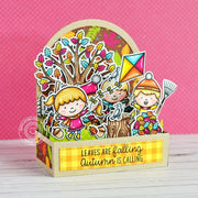 Sunny Studio Kids Playing in Autumn Leaves with Tree & Kite Pop-up Box Card (using Fall Scenes 4x6 Clear Stamps)