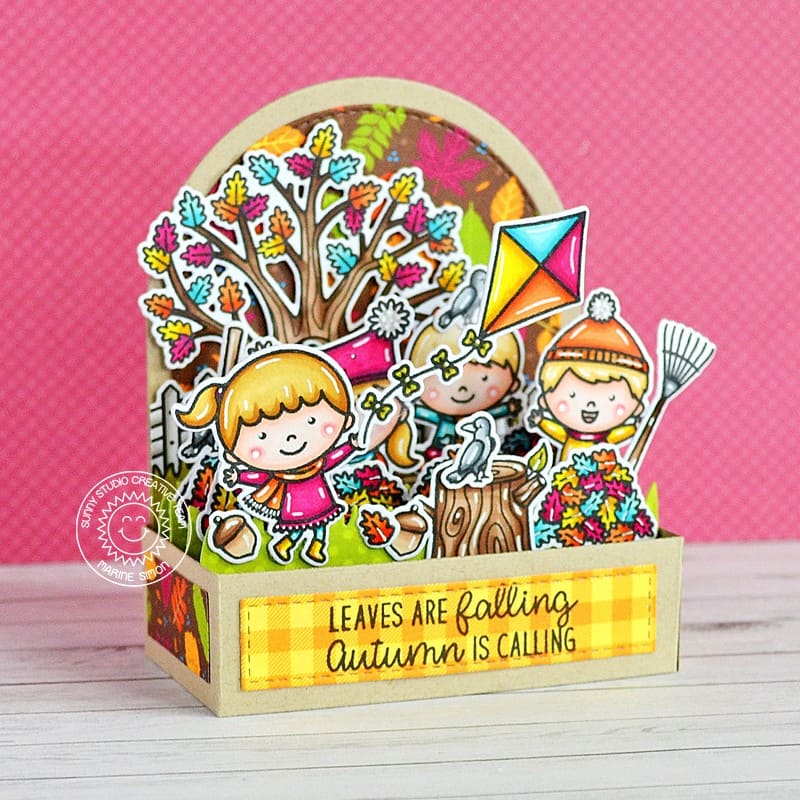Sunny Studio Kids Playing in Autumn Leaves with Tree & Kite Pop-up Box Card (using Fall Scenes 4x6 Clear Stamps)