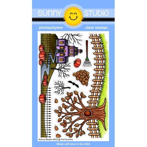 Sunny Studio Fall Scenes Halloween Haunted House & Oak Tree with Fence Autumn Borders 4x6 Clear Photopolymer Stamps SSCL-333