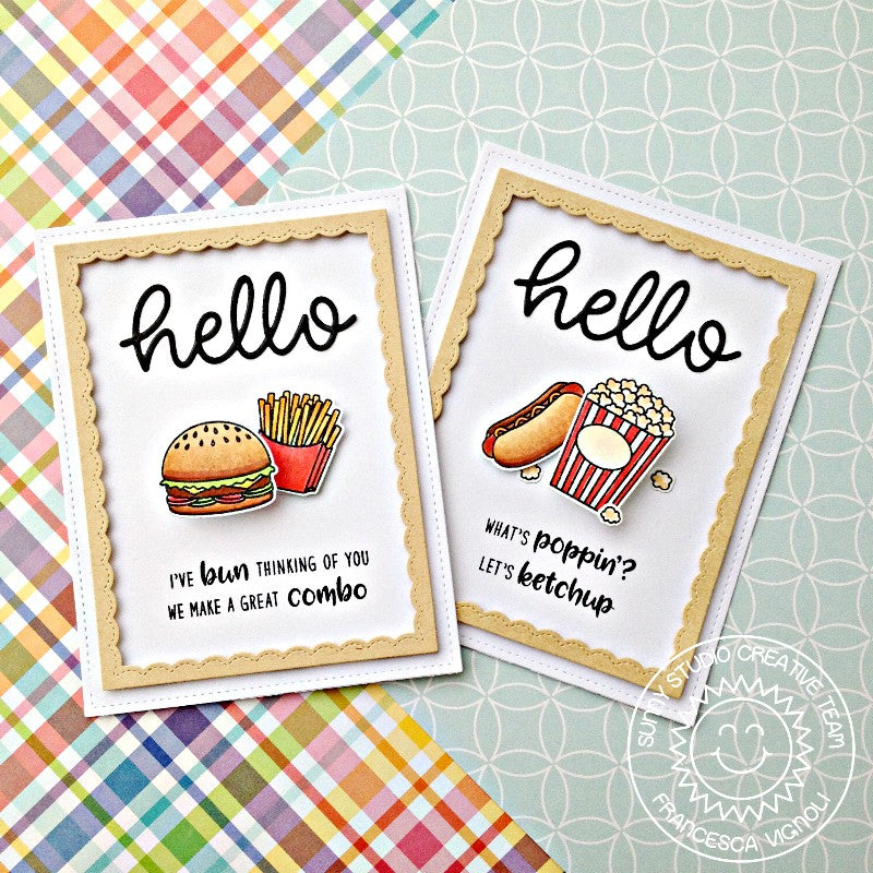 Sunny Studio Stamps Junk Food Popcorn, Hot Dog & Burgers Card featuring hello scripty word die