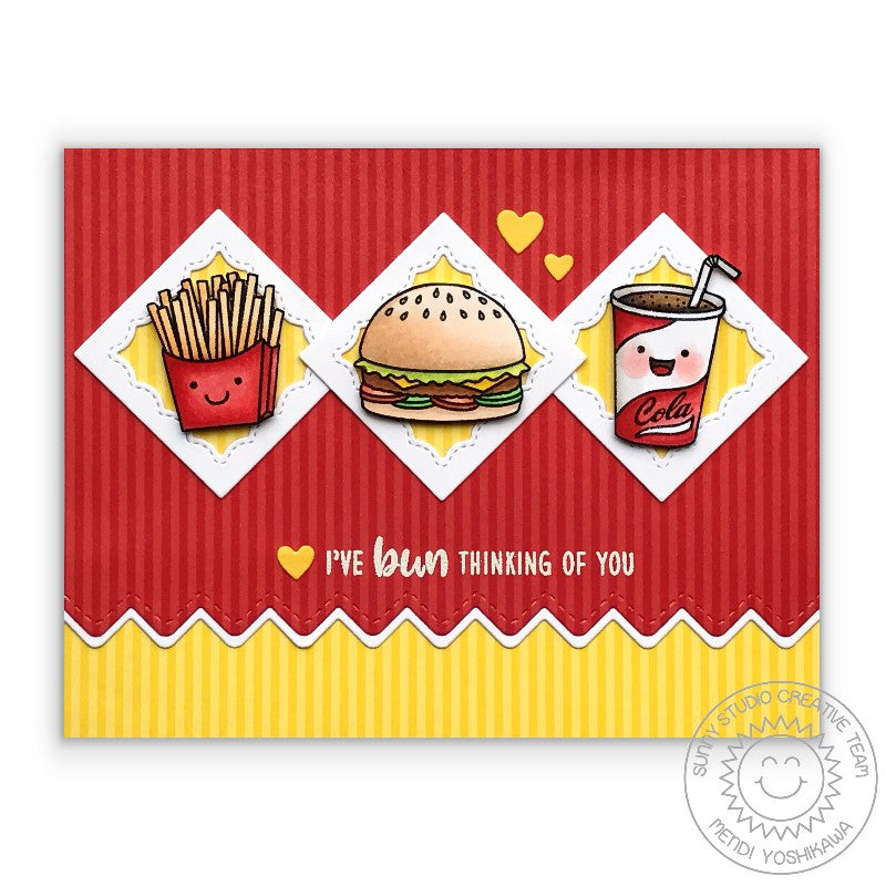 Sunny Studio Stamps I've Bun Thinking of You Hamburger, French Fries & Cola Punny Card (using Striped Silly 6x6 Patterned Paper Pad)