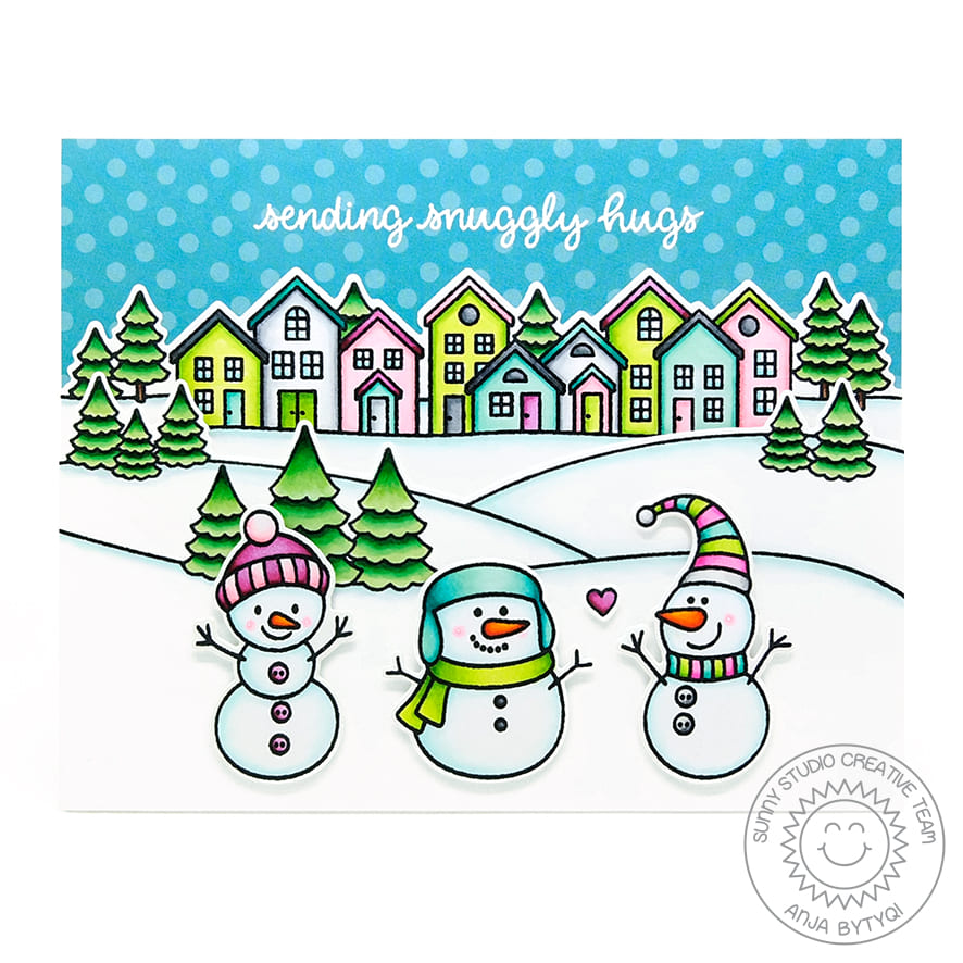 Sunny Studio Stamps Snowman Neighborhood Houses Holiday Christmas Card (using Scenic Route 4x6 Border Stamp Set)
