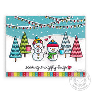 Sunny Studio Sending Snuggly Hugs Snowman with Strung Lights Rainbow Holiday Christmas Card using Scenic Route Stamps