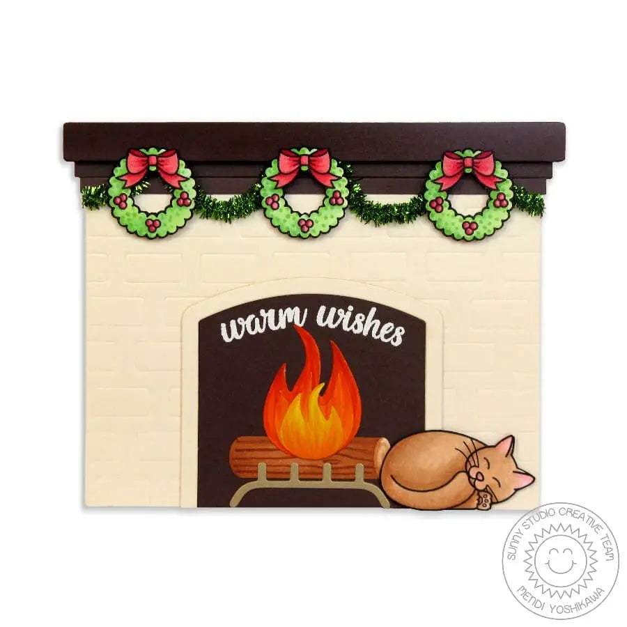 Sunny Studio Stamps Kitty Sleeping By the Fire with Wreaths Hanging with Garland Holiday Christmas Card (using Fireplace Shaped A2 Metal Cutting Dies)