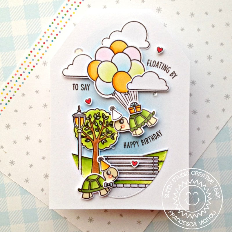 Sunny Studio Stamps Floating By To Say Happy Birthday Turtles With Balloons at the Park Scene Handmade Card (using Spring Scenes Border 4x6 Clear Photopolymer Stamp Set)