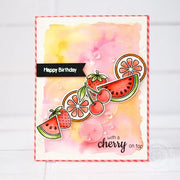 Sunny Studio Stamps Fresh & Fruity "Happy Birthday With a Cherry On Top" Strawberry, Citrus Slice & Watermelon Watercolor Fruit Card