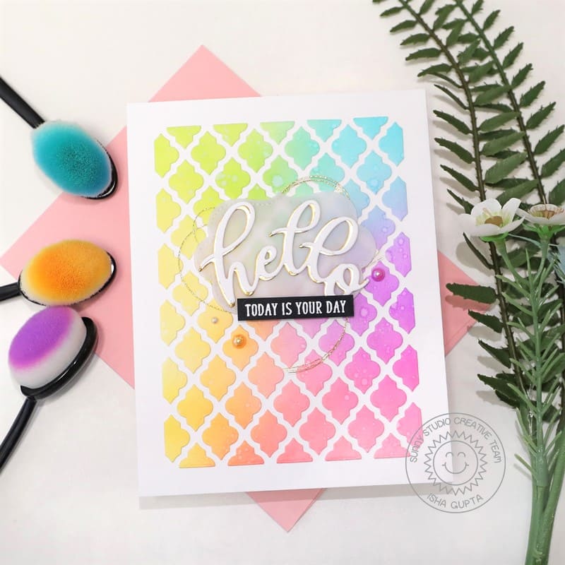 Sunny Studio Stamps Hello "Today is Your Day" Rainbow Handmade Card (using Frilly Frames Quatrefoil Metal Cutting Dies)