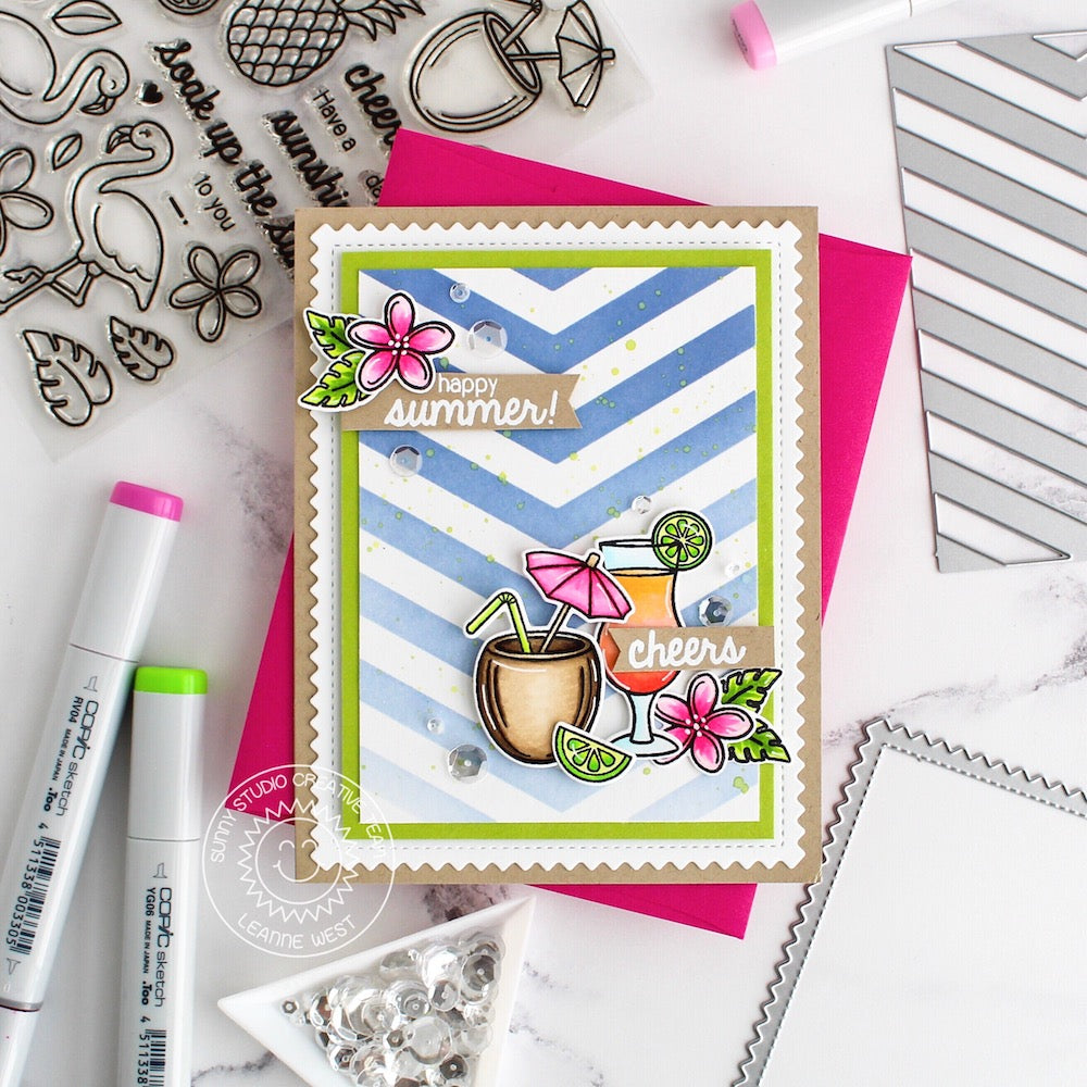 Sunny Studio Stamps Tropical Paradise Fruity Drinks Happy Summer Card (using Frilly Frames Chevron Die as a stencil to mask for inking)