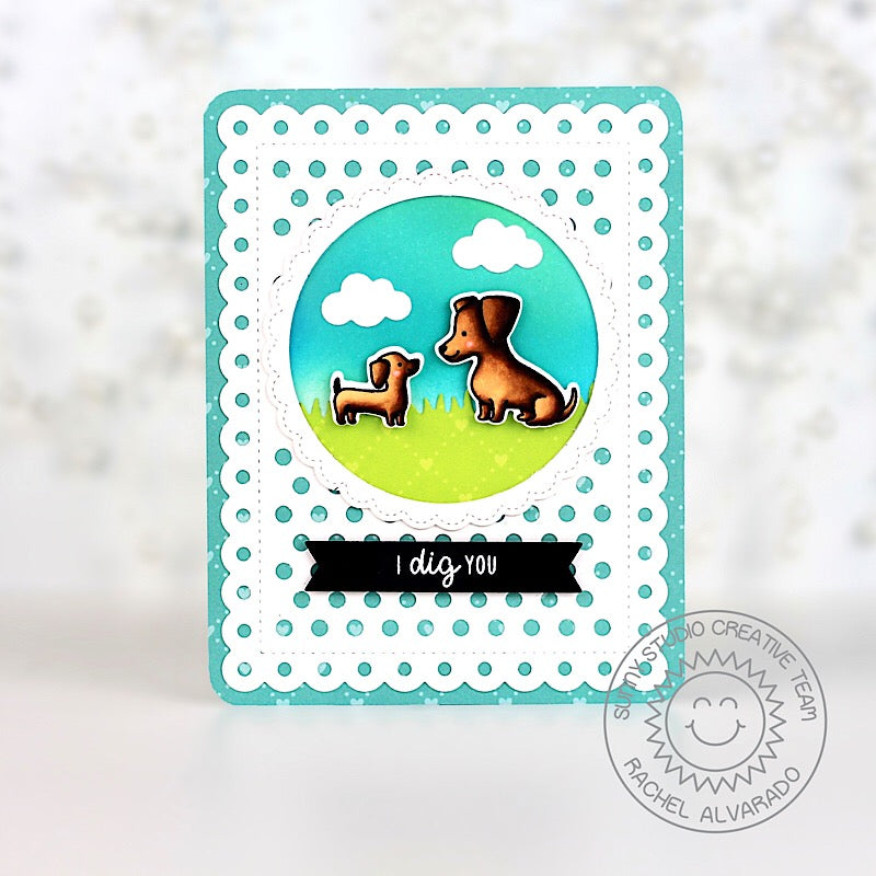 Sunny Studio Stamps Puppy Dog Dachshund Card (using Frilly Frames Polka-dot background scalloped metal cutting dies)